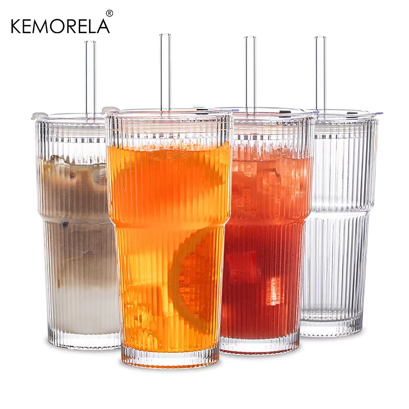 600ML Stripe Glass Coffee Cup with Lid and without Cover Straw Transparent Drinking Glasses for Juice Iced Coffee Mugs Drinkware
