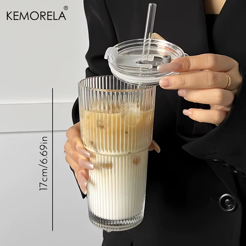600ML Stripe Glass Coffee Cup with Lid and without Cover Straw Transparent Drinking Glasses for Juice Iced Coffee Mugs Drinkware
