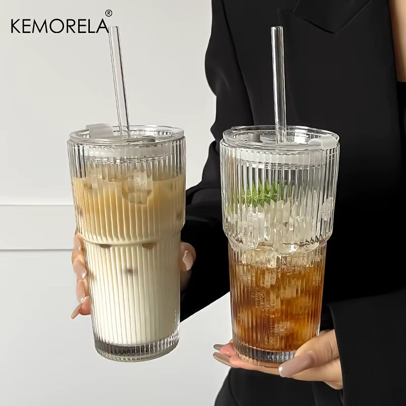 600ML Stripe Glass Coffee Cup with Lid and without Cover Straw Transparent Drinking Glasses for Juice Iced Coffee Mugs Drinkware