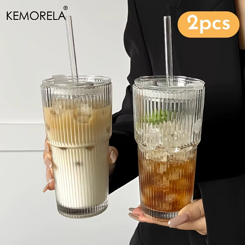 600ML Stripe Glass Coffee Cup with Lid and without Cover Straw Transparent Drinking Glasses for Juice Iced Coffee Mugs Drinkware